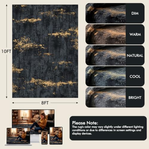 Black/Gold 8x10 Washable Area Rug Non-Slip Modern Abstract Living Room