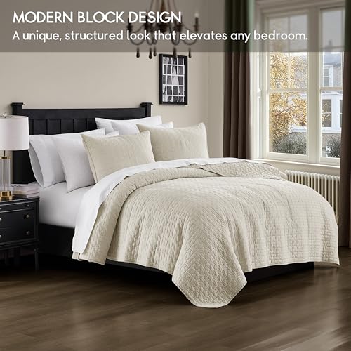 Palassio Beige 100% Cotton Quilt Set Queen Size with Pillow Shams - Lightweight Textured Bedspread, All-Season Comfort, 3 Pieces (Block-Beige / Queen 90"x96")