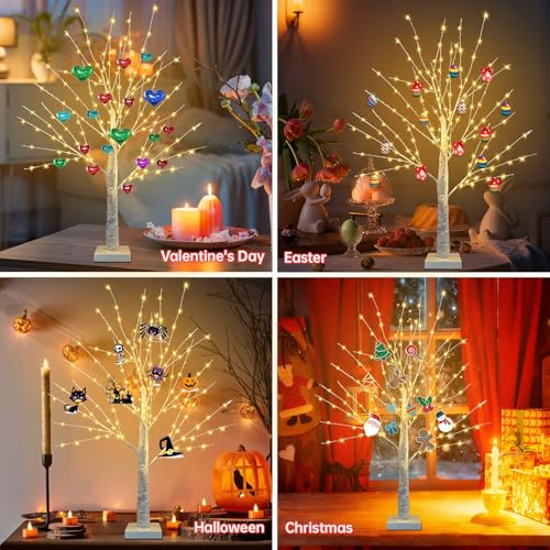 FastDeng 24 Inch Birch Tree with 144 LED Lights - Twinkling Indoor Christmas Decor - 2 Pack, USB/Battery Powered, Timer, Warm White