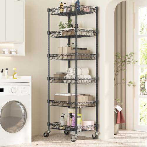 17W x 12D x 63H Black 6-Tier Rolling Storage Cart with Adjustable Shelves