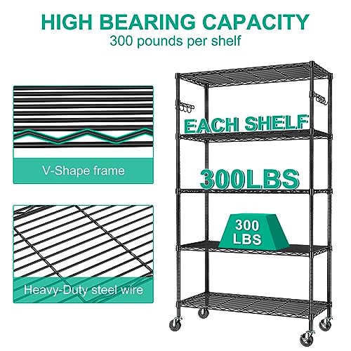 5-Tier Rolling Storage Shelf with Wheels - Metal Wire Shelving Unit