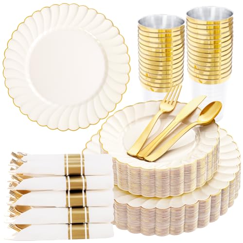 Ivory Plastic Plates with Gold Rim | 175PCS Wedding & Party Set