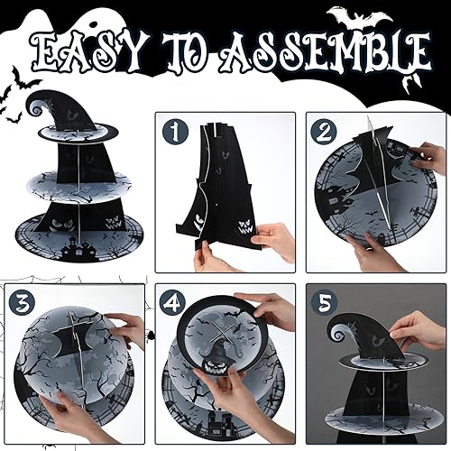 Zopeal 3-Tier Halloween Cupcake Stand (Classic) Cardboard Dessert Tower - Pumpkin, Bat & Witch Hat Theme