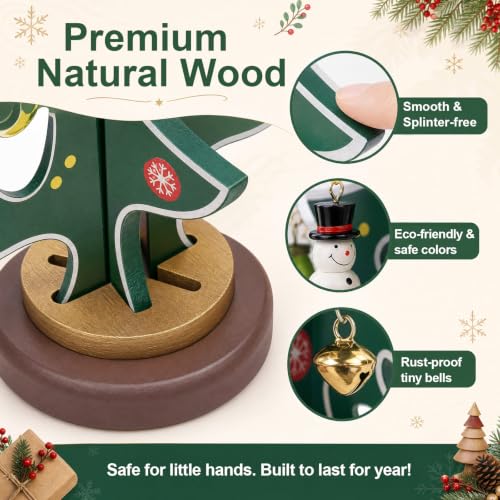 LIHAO 2026 Wooden Advent Calendar Tree with 24 Mini Ornaments & Warm LED Lights (Tree Shape, With String Lights)