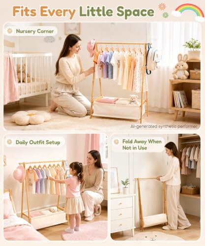 Homde Bamboo Kids Clothes Rack 66 lb Capacity Foldable Wardrobe Organizer