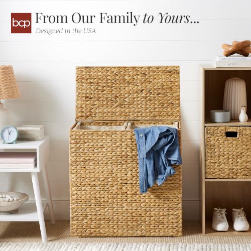 Large Laundry Hamper with Lid - Natural Handwoven Hyacinth, 30 Gallon (114L), Removable Washable Liners, Handles - Natural / Large 114L
