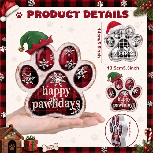 Memorywuu 2 Pcs Christmas Paw Print Table Decor Set - Buffalo Plaid Snowflake Variant