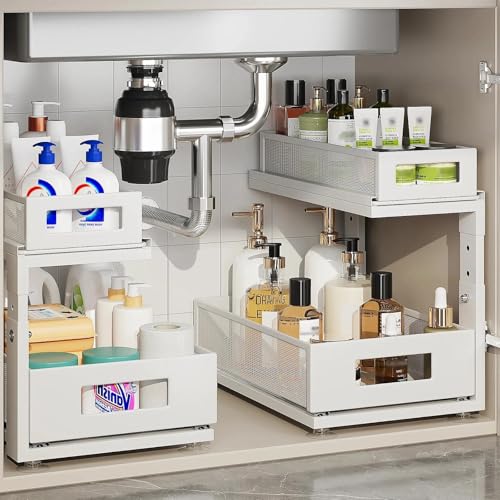 Corbyles 2 Pack Under Sink Organizer White 15.74"D x 14.4-16.4"H Adjustable 2-Tier Pull-Out Cabinet Storage