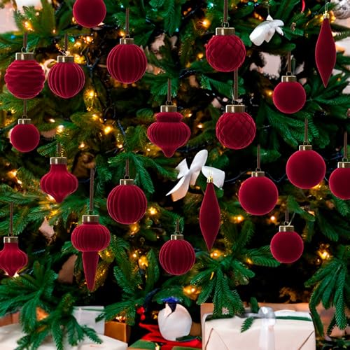 Menkxi 36 Pcs Burgundy Velvet Christmas Ball Ornaments Flocked Finial