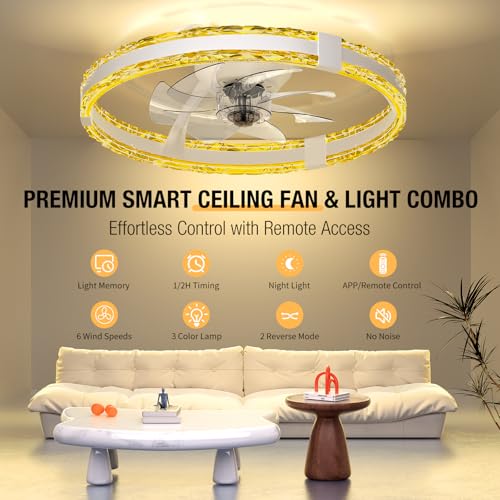 20-Inch White Ceiling Fan with Lights and Remote, Low Profile Flush Mount, 6 Speeds & Dimmable LED Light