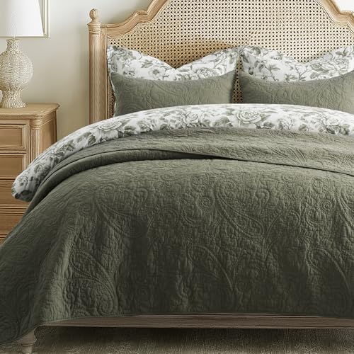 Cotton Paisley Quilt Set Queen Size - Olive Green, Rustic Style, Elegant Design