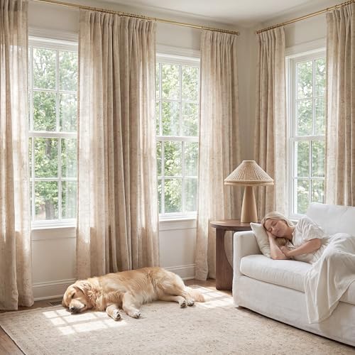 Taupe on Beige Floral Linen Curtains - 120 Inch Light Filtering Farmhouse Drapes, 2 Panels