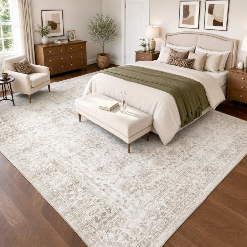 FMFUNCTEX 8x10 Beige Vintage Area Rug - Washable, Non-Slip, Pet-Friendly Living Room Carpet