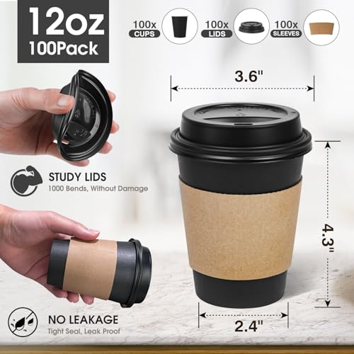 Ginkgo 12 oz Disposable Coffee Cups with Lids & Sleeves - Pack of 100