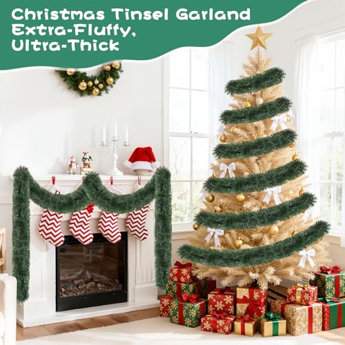 PAKSPAK 50FT-Green Christmas Tinsel Garland, White-Red? No, Green - 50ft Thick Metallic Faux PVC Outdoor/Indoor