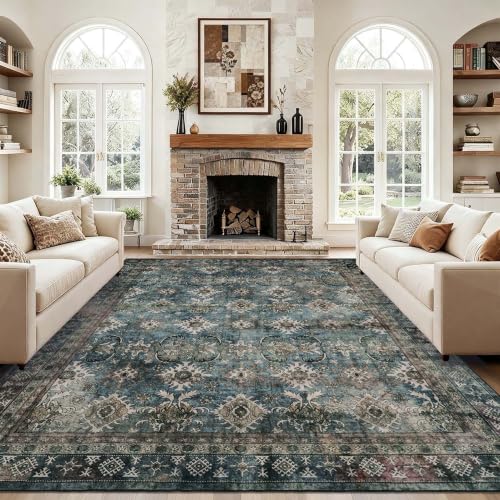 Blue Vintage Living Room Rug 9x12 Carpet with Non-Slip Backing - Washable & High Traffic