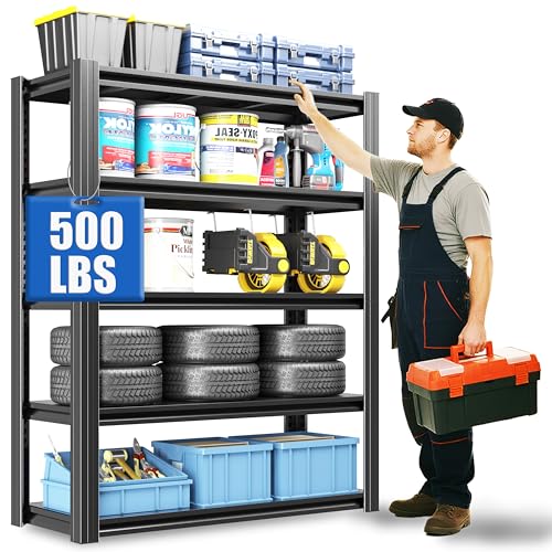 Heavy Duty Garage Shelving Unit - 72 Inch H, Black, 2500 lbs Capacity, Adjustable 5 Tiers, Metal Storage Racks for Workshop Basement Home Office