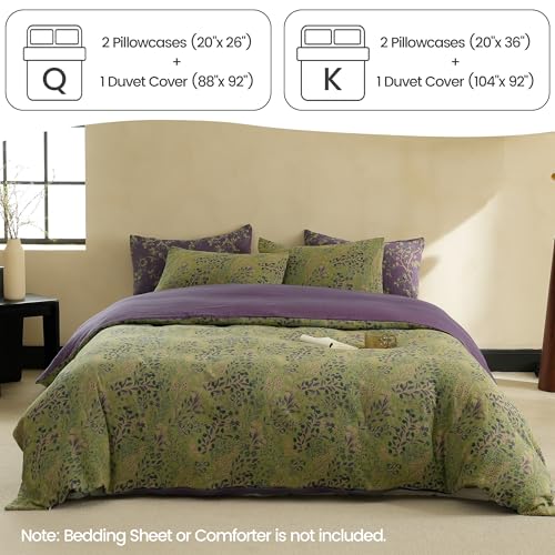 BISELINA Queen Cotton Muslin Duvet Cover Set Reversible Floral Yarn-Dyed Green Purple