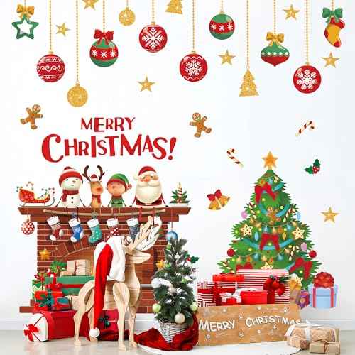 Christmas Wall Decals Christmas Tree Wall Stickers Xmas Ball Fireplace Decals Stickers Removable Merry Christmas Wall Decorations for Xmas Party Bedroom Living Room Office Home Decor, 4 Sheets