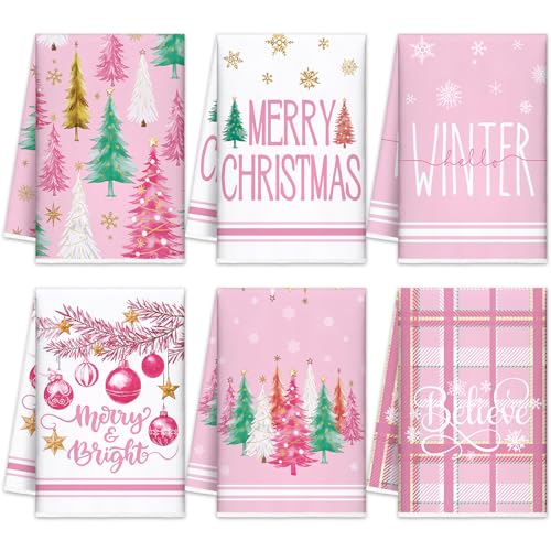 Oudain 6-Pack Pink Christmas Kitchen Towels – 21x14in Microfiber Gift Set, Pastel Pink Winter Decor