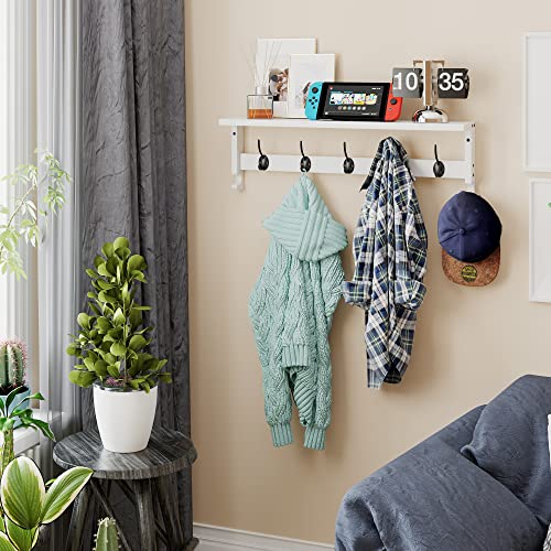 Wall Mount Coat Rack with Shelf 5 Hooks 28.9 Inch Wooden Entryway Organizer - White