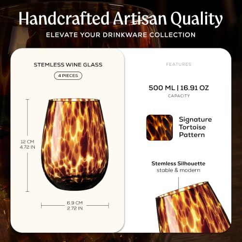 Tortoise Shell Stemless Wine & Water Glass Set - 4 Pack, 16.91 oz Borosilicate Drinkware