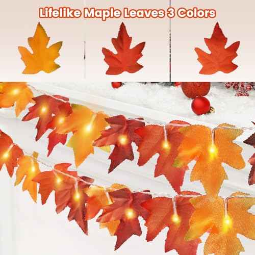 Fall Leaf Garland with Lights Decorations: 2 Pack Thanksgiving Fall String Lights Battery Operated Total 20 FT 40 LED Lamp Bead 40 Leaves Porch Home Indoor Outdoor Harvest Festival Wreath Fall Decor