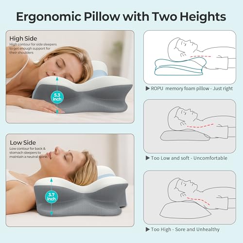 ROPÜ White & Blue Cervical Neck Pillow - Contour Memory Foam for Pain Relief & Support