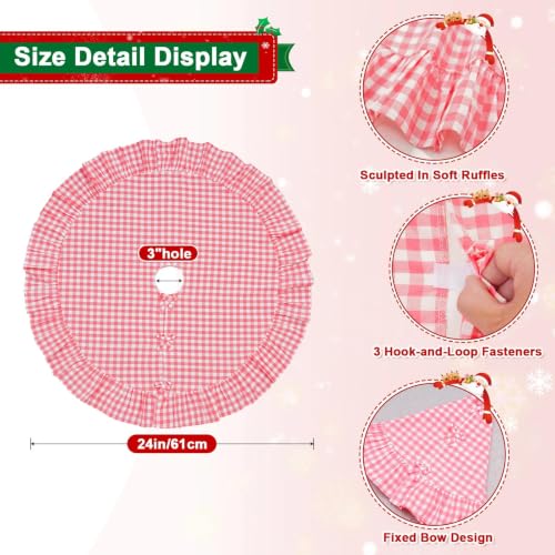 Pink Gingham Christmas Tree Skirt 24 Inch with Ruffle - Farmhouse Holiday Decor