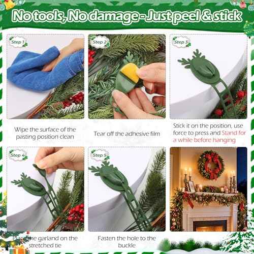 12 PCS Christmas Garland Hangers with Locking Buckle, Reindeer Design Adhesive Hooks for Stair Railing Fireplace Mantle Door, Reusable Silicone Stocking & Ornament Holders, Green (Deer, 12)