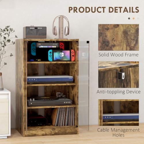 Large Rustic Brown Media Cabinet 4-Tier Glass Door Entertainment Storage