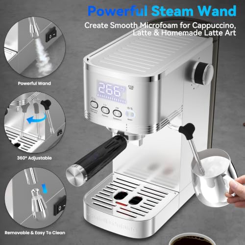 URintells Cuising Compact Stainless Steel Espresso Machine 20 Bar with Adjustable Temp