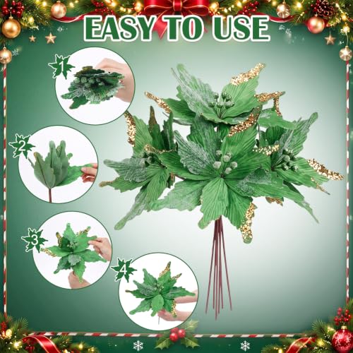 Giegxin Green 12-Inch Christmas Glitter Poinsettia Artificial Flowers - 8 Pack