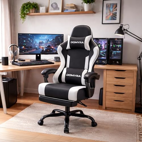 VOYADOTE Gaming Chair with Footstool, Ergonomic Lumbar Support, Deep Black