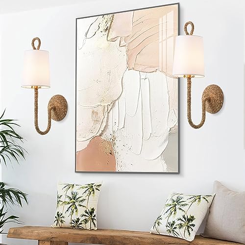 White Rattan Wall Sconce Set of 2 with Wicker Shade Boho Farmhouse Decor