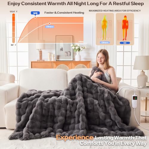 Heated Blanket Electric Faux Rabbit Fur Bubble Heating Throw 50"x60",