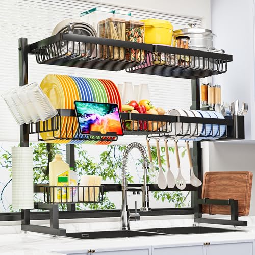 Over The Sink Dish Drying Rack - Expandable 3-Tier Large Dish Rack, Black, 31-39.4 Inches