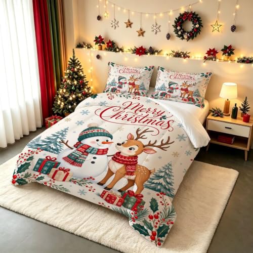 Christmas Reindeer Snowman Xmas Tree Queen Bedding Set FUYEUN 14