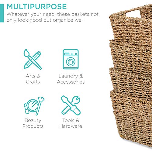 Natural Set of 4 Multipurpose Stackable Seagrass Storage Baskets - Handwoven Laundry Organizers