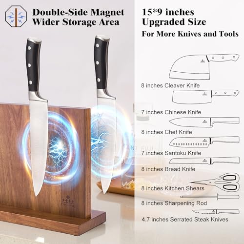 Large Magnetic Knife Block - 15x9 Inches Acacia Wood Knife Holder with Double-Sided Magnet
