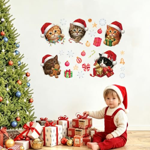 Meowy Christmas Cat Xmas Hat Kitten Wall Decal - 3D Holiday Decor for Kids & Pet Lovers