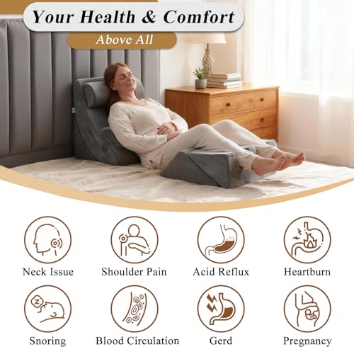 Grey 6-Piece Orthopedic Bed Wedge Pillow Set for Pain Relief & Support