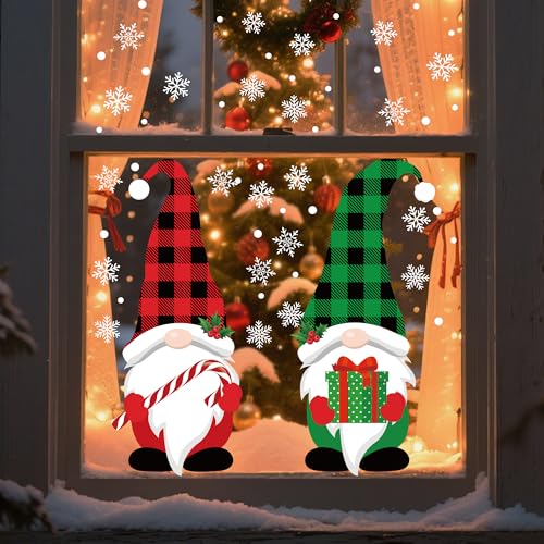 2 Sheets Christmas Window Clings Extra Large Gnome Window Decals Red Green Buffalo Plaid Gnome Windows Stickers Double Sided Christmas Snowflake Windows Clings for Xmas Holiday Home Office Glass Decor