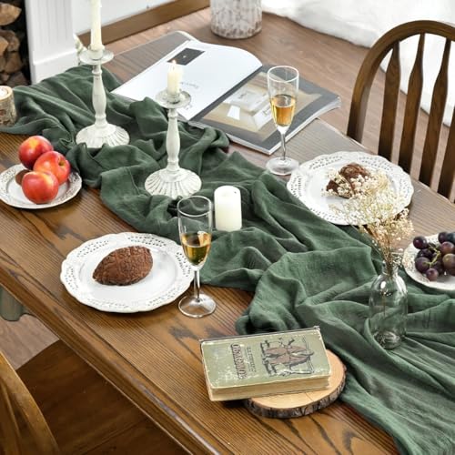 Artoid Mode 120 Inch 3-Piece Boho Forest Green Gauze Table Runners for Wedding & Holiday Decor