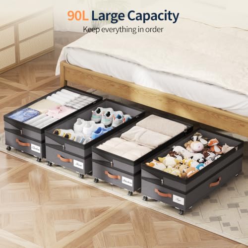 Yecaye 90L Under Bed Storage with Wheels - Grey 2 Pack, Adjustable Height
