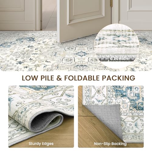 befbee 8x10 Beigeblue Washable Area Rug Stain-Resistant Non-Slip Living Room Carpet