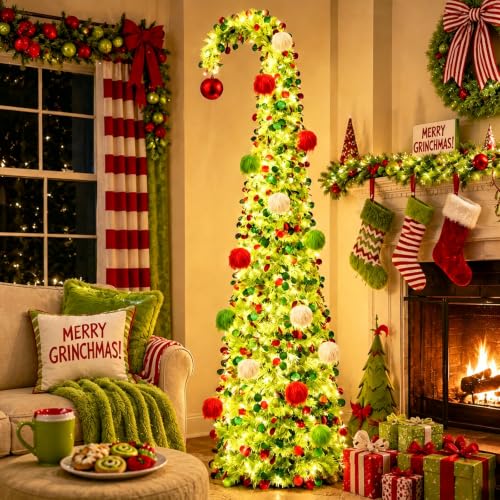 PUETUNG 6FT Green Whimsical Curved Pop-Up Christmas Tree with Lights & Ornaments