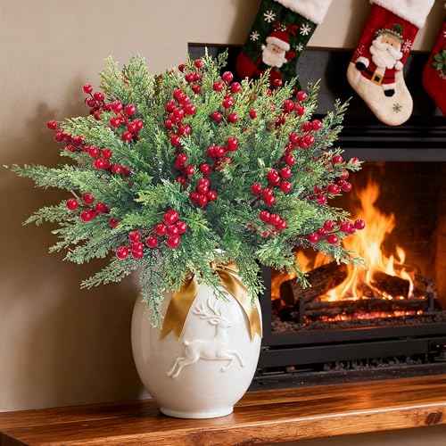 4 Bundles Christmas Artificial Flowers with Red Berries & Norfolk Pine Branches, 36cm each - Perfect for Garlands and Table Décor (4 Bundles)