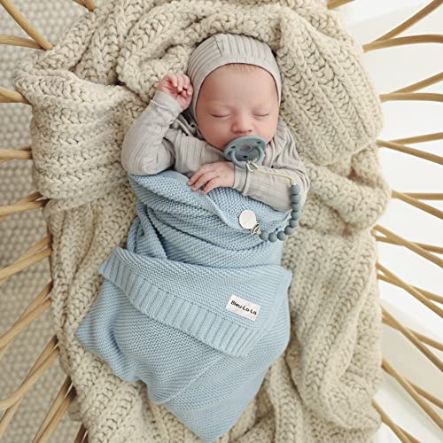 Heritage Knit Baby Quilt Blanket - Sky Blue Organic Cotton for Boys - Variation 01