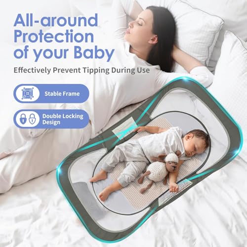 Light Green Portable Baby Bassinet with Mosquito Net & Sunshade - Travel Crib for Home & Outdoors